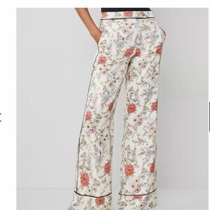 Ann Taylor Floral Print Wide-Leg Trousers with black piping